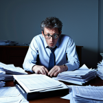 **A frazzled accountant surrounded by piles of paperwork and looming deadlines, illuminated by the harsh glow of a computer screen. The accountant is torn between rushing to meet the deadline and ensuring the accuracy of the financial reports.** (Illustrates time pressure vs. integrity)